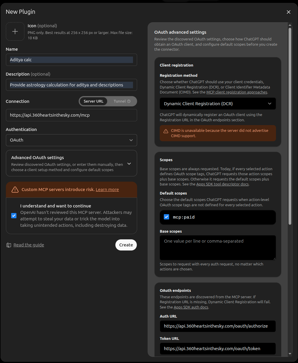 Le formulaire New Plugin avec le nom « Aditya calc », le champ Server URL rempli, Authentication sur OAuth, et le panneau Advanced OAuth settings montrant « Dynamic Client Registration (DCR) » sélectionné, le scope mcp coché et les URL Auth et Token découvertes automatiquement