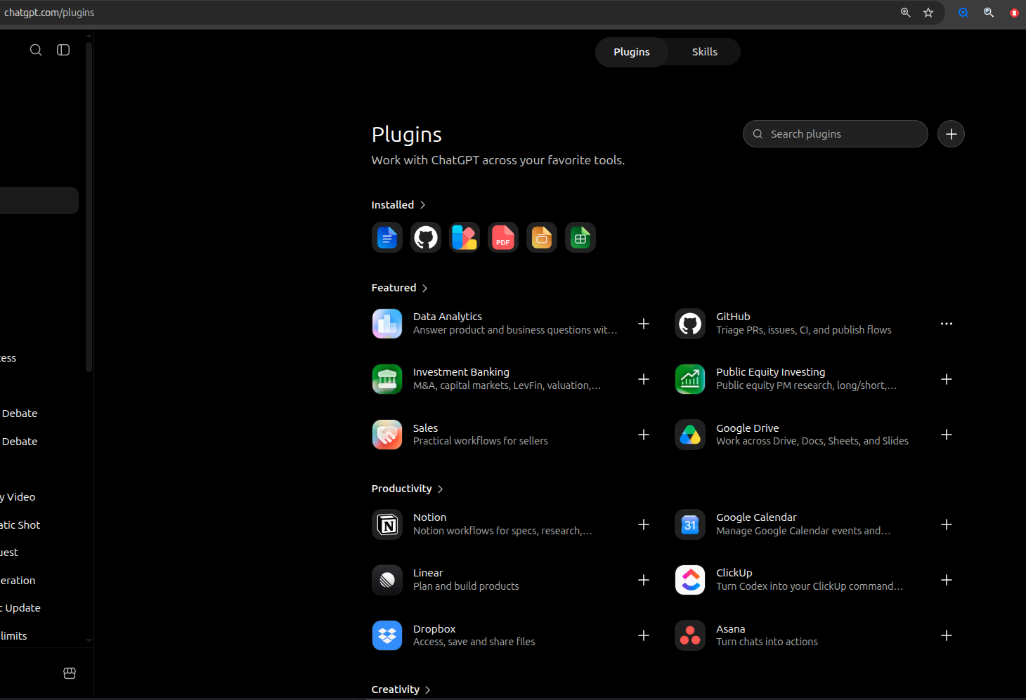 La page chatgpt.com/plugins, avec la barre de recherche et le bouton +