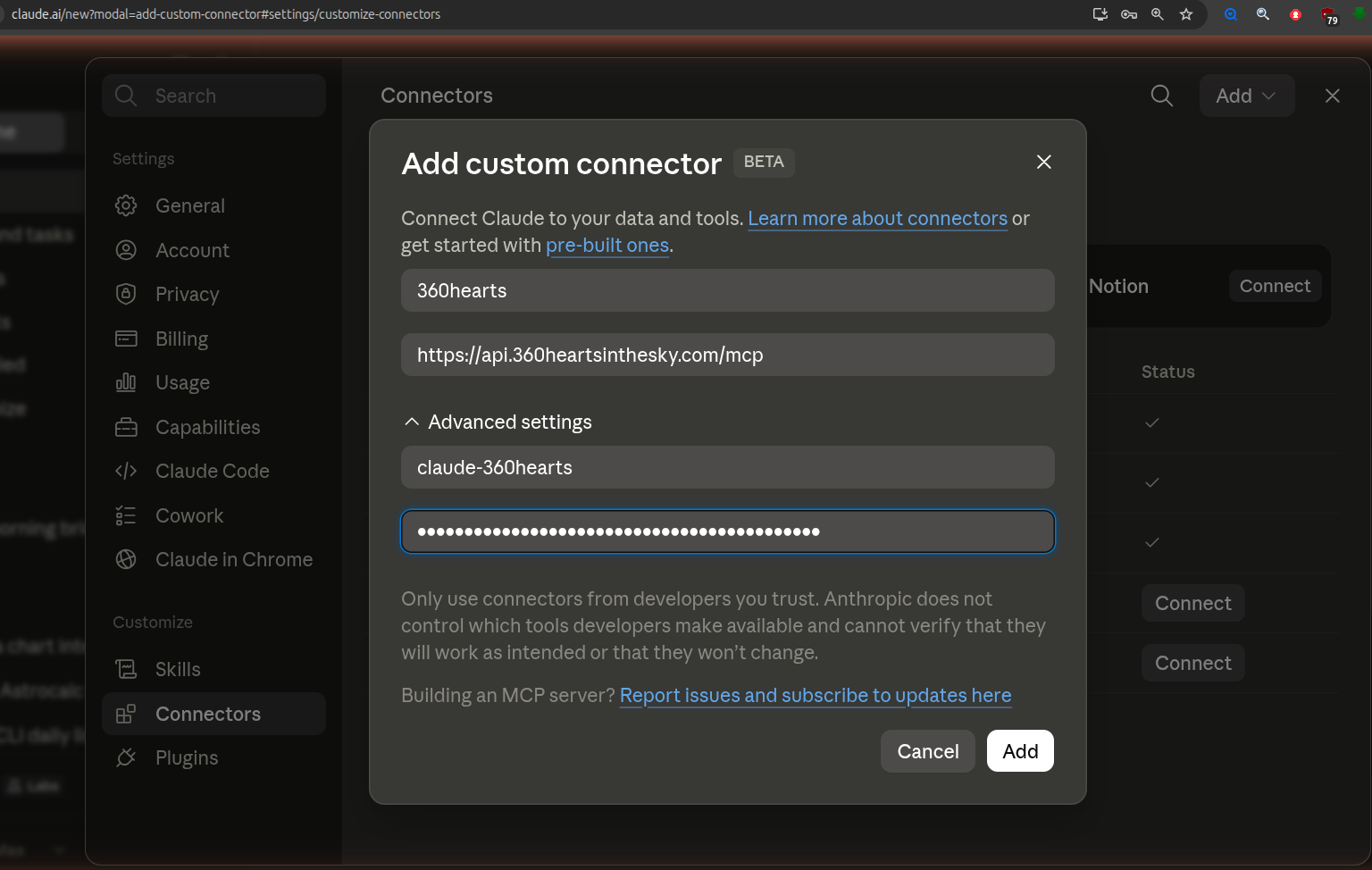 La fenêtre Add custom connector, remplie avec un nom et une URL, et Advanced settings ouvert montrant les champs Client ID et Client Secret