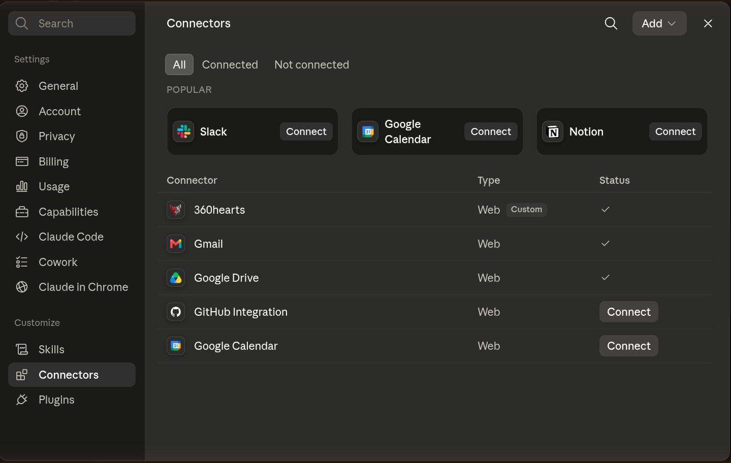 The Connectors screen on claude.ai, showing the list where a new custom connector will appear