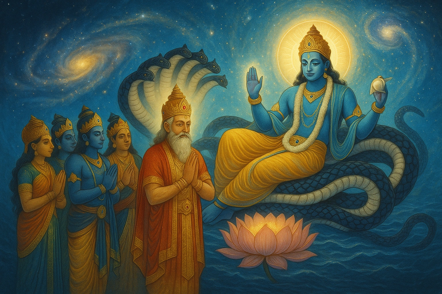 Les dieux font appel à Vishnu, qui promet de s'incarner en Rama pour restaurer le Dharma.