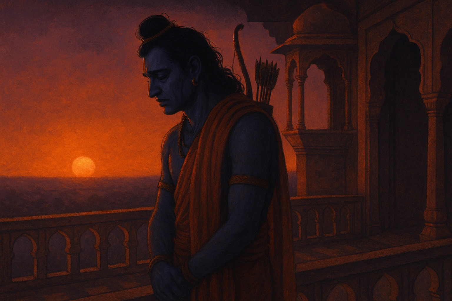 Seigneur Rama se tenant seul, rempli de chagrin, regardant le coucher de soleil après avoir sacrifié sa bien-aimée Sita.