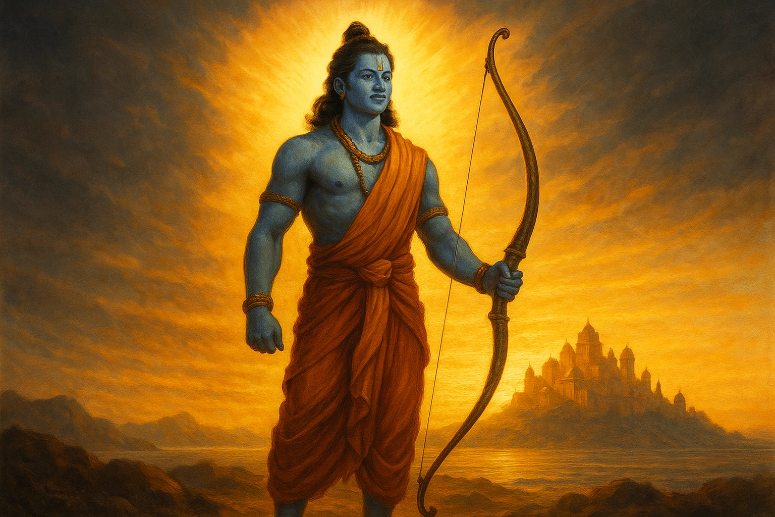 Seigneur Rama se tenant victorieux à l'aube, symbolisant le triomphe de la lumière sur les ténèbres.